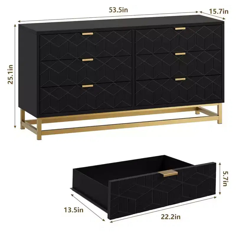 6-Drawer Double Dresser with Gold Handles and Extended Top Surface