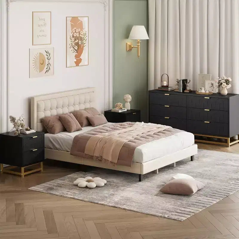 6-Drawer Double Dresser with Gold Handles and Extended Top Surface