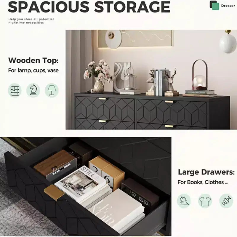 6-Drawer Double Dresser with Gold Handles and Extended Top Surface