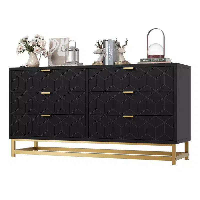 6-Drawer Double Dresser with Gold Handles and Extended Top Surface