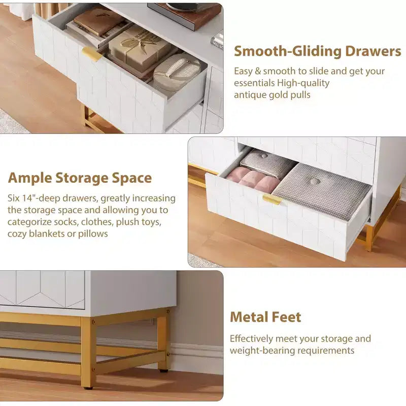 6-Drawer Double Dresser with Gold Handles and Extended Top Surface