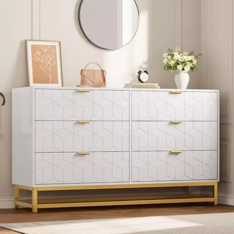 6-Drawer Double Dresser with Gold Handles and Extended Top Surface