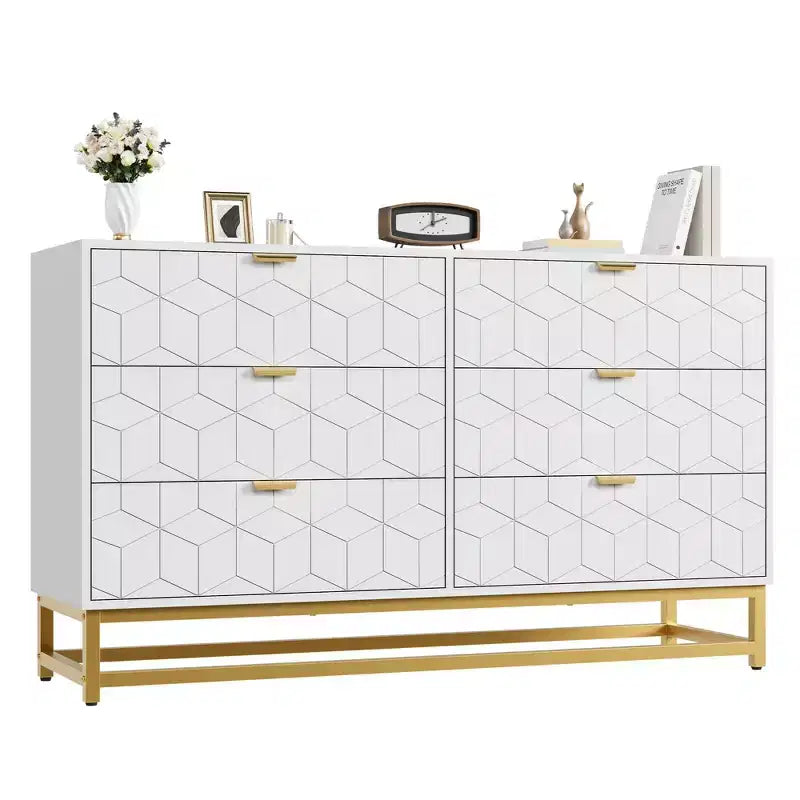 6-Drawer Double Dresser with Gold Handles and Extended Top Surface