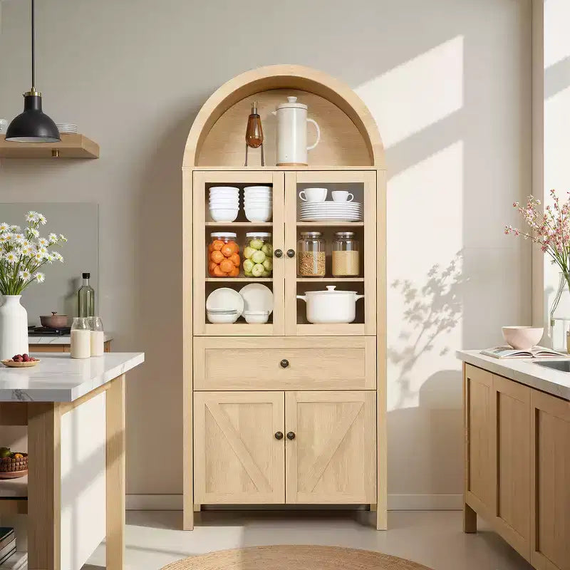 71.65" Vintage Arch Kitchen Pantry Cabinet with Adjustable Shelves