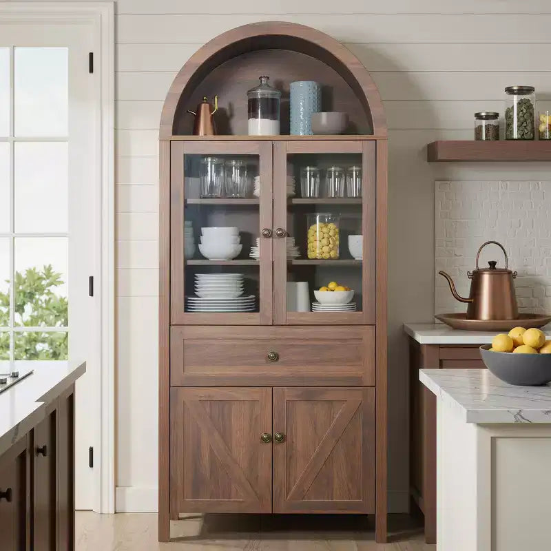 71.65" Vintage Arch Kitchen Pantry Cabinet with Adjustable Shelves