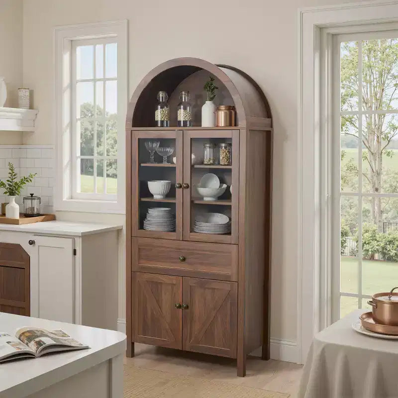 71.65" Vintage Arch Kitchen Pantry Cabinet with Adjustable Shelves