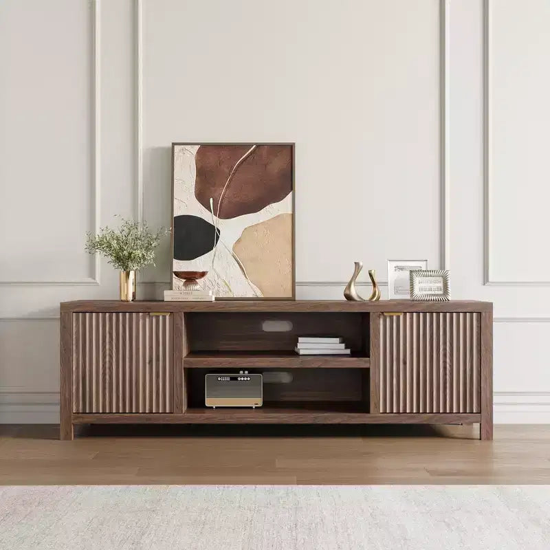 TV Stand with Fluted Doors and 2-Tier Storage for TVs up to 75 Inches