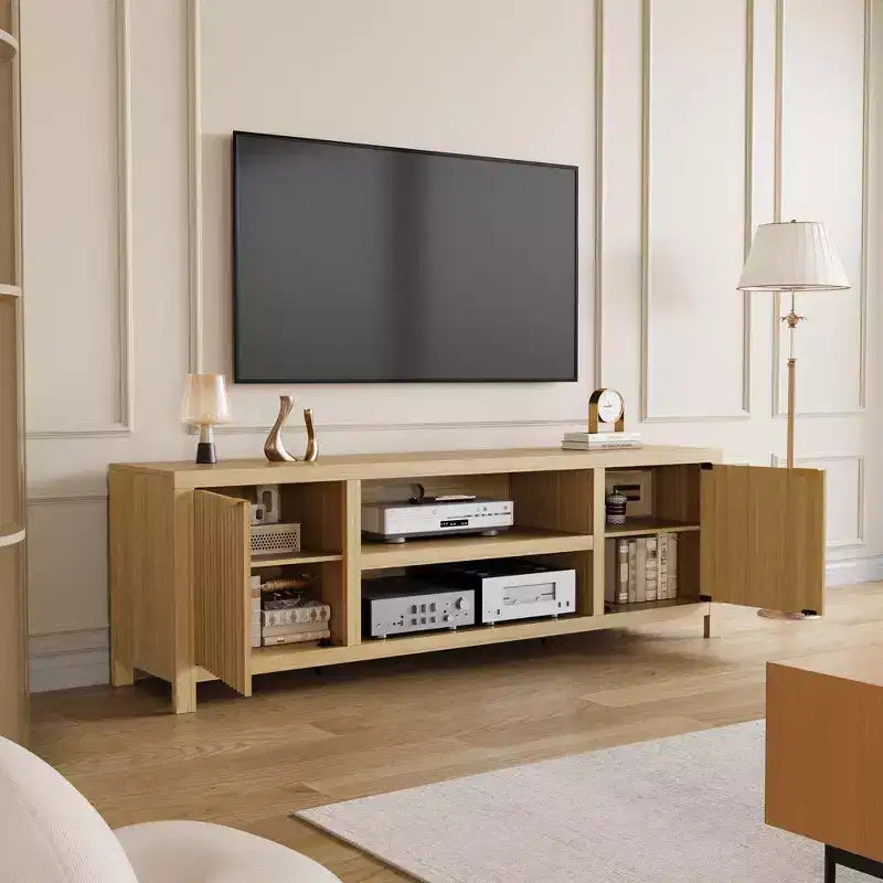 TV Stand with Fluted Doors and 2-Tier Storage for TVs up to 75 Inches