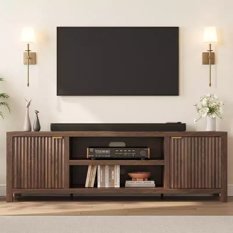TV Stand with Fluted Doors and 2-Tier Storage for TVs up to 75 Inches