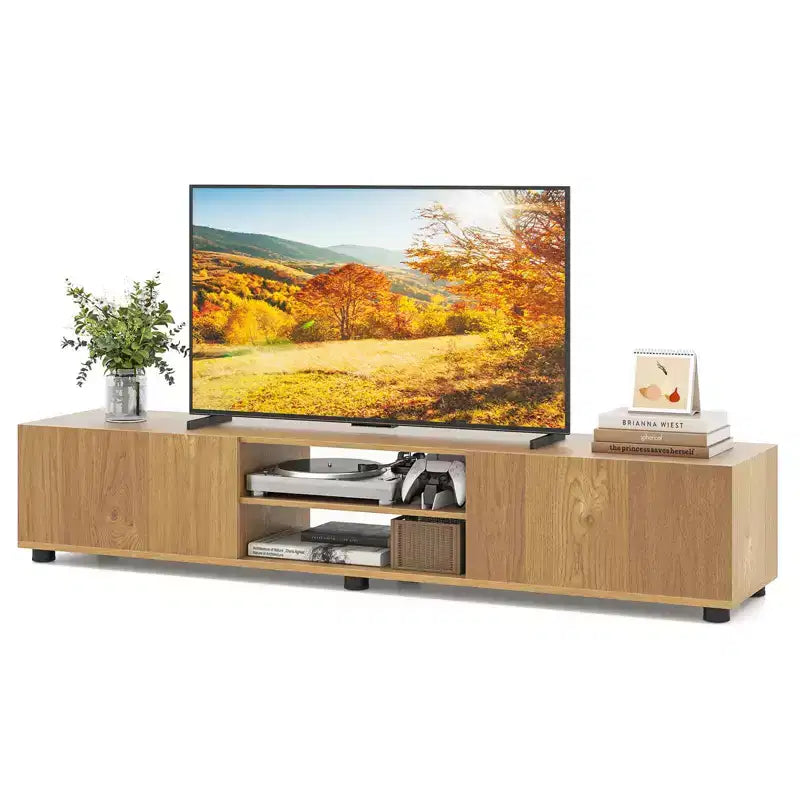 Costway TV Stand for up to 70 TVs, Media Console Table with Double Doors & Open Shelves Rustic Brown/Natural/White