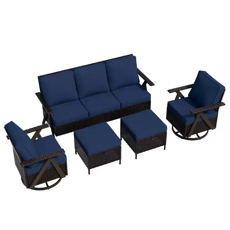 UPTIOT Outdoor 5-Piece Seating Set: 3-Seater Sofa, 2 Swivel Rockers & 2 Ottomans for Patio Comfort