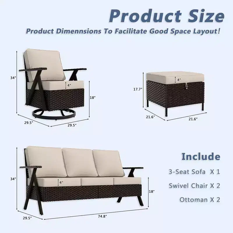 UPTIOT Outdoor 5-Piece Seating Set: 3-Seater Sofa, 2 Swivel Rockers & 2 Ottomans for Patio Comfort