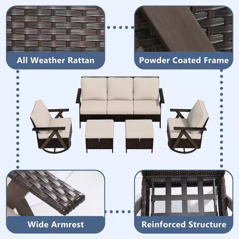 UPTIOT Outdoor 5-Piece Seating Set: 3-Seater Sofa, 2 Swivel Rockers & 2 Ottomans for Patio Comfort