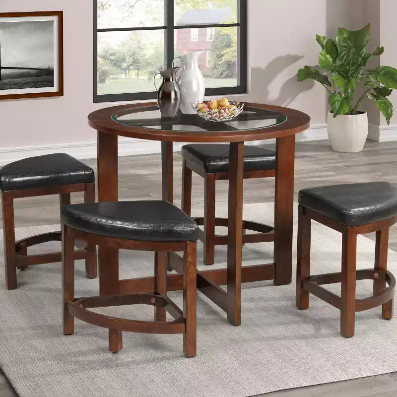 GDFStudio Alden 5 Piece Modern Round Glass Top Dining Set with 4 Triangular Stools