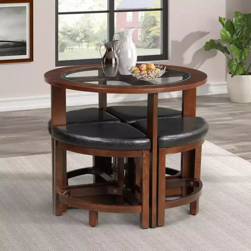 GDFStudio Alden 5 Piece Modern Round Glass Top Dining Set with 4 Triangular Stools