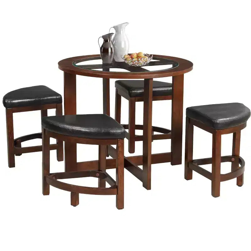 GDFStudio Alden 5 Piece Modern Round Glass Top Dining Set with 4 Triangular Stools