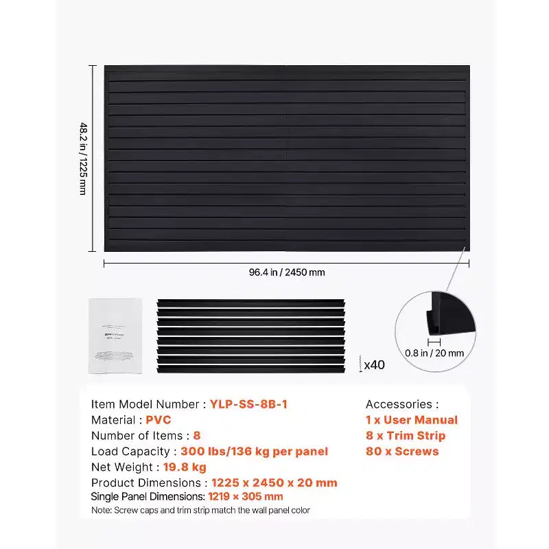 PVC Slat Wall Paneling, 8 x 4 ft, Modular Garage Slatwall Panel, Black