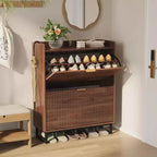 Shoe Storage Cabinet with 2 Flip Drawers, Narrow Wood Hidden Fluted Shoe Rack Organizer Cabinet for Entryway, Walnut