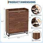 Shoe Storage Cabinet with 2 Flip-Down Doors, Narrow Fluted Wood Design, Walnut Finish