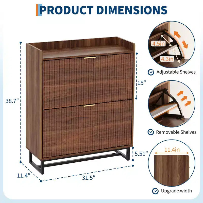 Shoe Storage Cabinet with 2 Flip-Down Doors, Narrow Fluted Wood Design, Walnut Finish