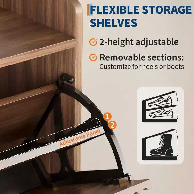 Shoe Storage Cabinet with 2 Flip-Down Doors, Narrow Fluted Wood Design, Walnut Finish