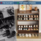 Shoe Storage Cabinet with 2 Flip-Down Doors, Narrow Fluted Wood Design, Walnut Finish