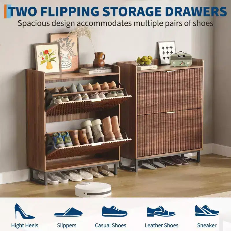 Shoe Storage Cabinet with 2 Flip-Down Doors, Narrow Fluted Wood Design, Walnut Finish