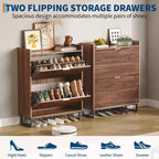 Shoe Storage Cabinet with 2 Flip-Down Doors, Narrow Fluted Wood Design, Walnut Finish