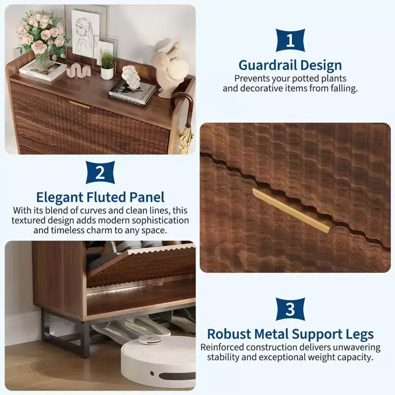 Shoe Storage Cabinet with 2 Flip-Down Doors, Narrow Fluted Wood Design, Walnut Finish