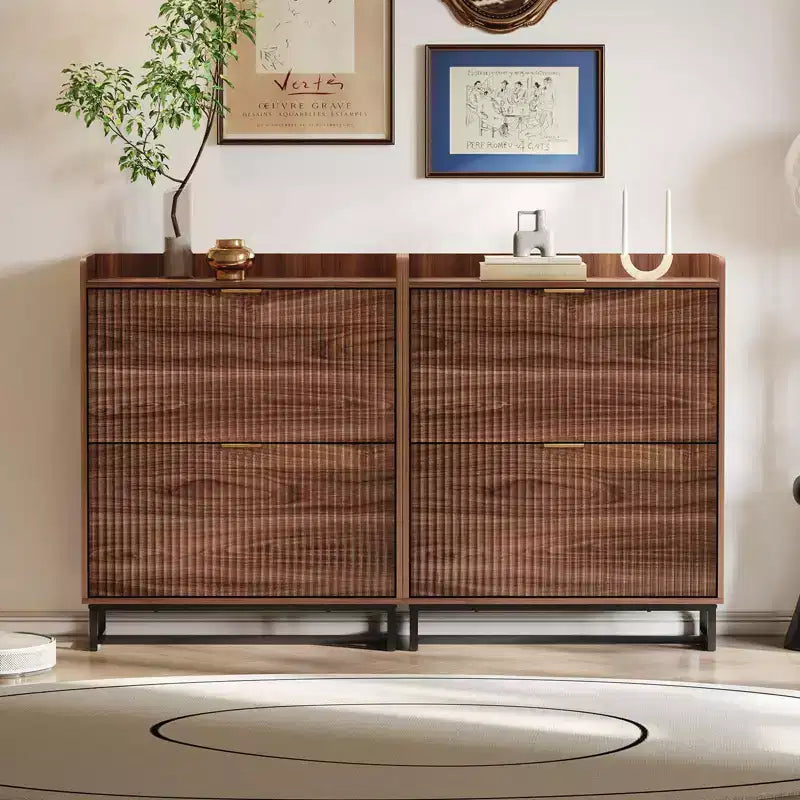 Shoe Storage Cabinet with 2 Flip-Down Doors, Narrow Fluted Wood Design, Walnut Finish