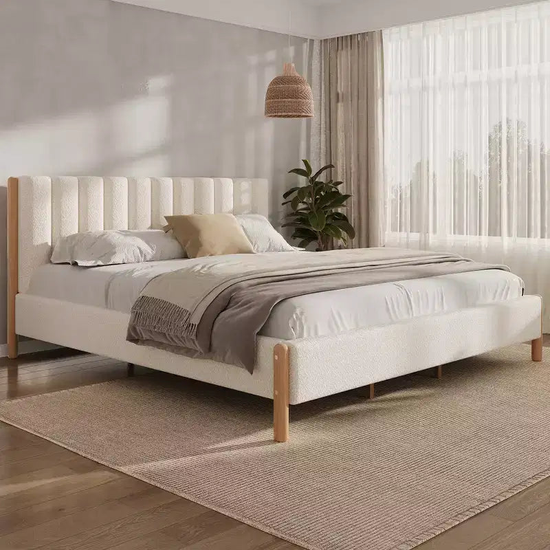 Queen/King/California King Size Upholstered Platform Bed Frame with Thick Padded Headboard & Solid Wood Legs, White - ModernLuxe