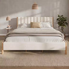 Upholstered Platform Bed Frame with Padded Headboard and Solid Wood Legs