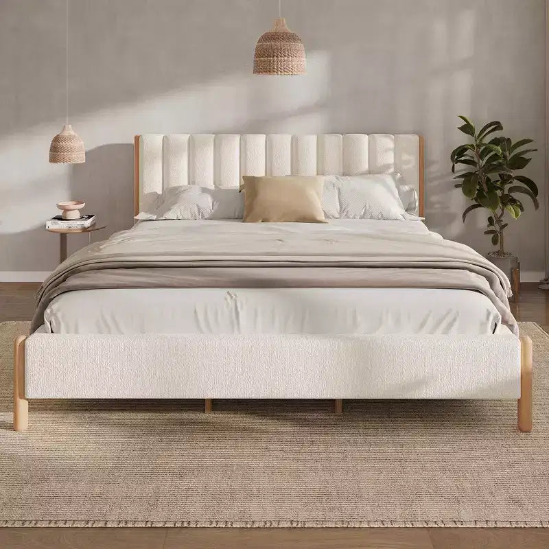 Upholstered Platform Bed Frame with Padded Headboard and Solid Wood Legs