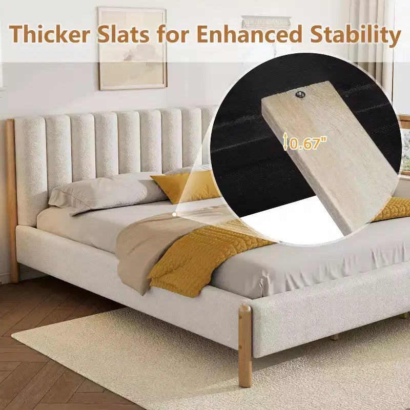 Upholstered Platform Bed Frame with Padded Headboard and Solid Wood Legs