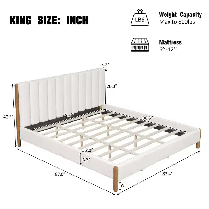Upholstered Platform Bed Frame with Padded Headboard and Solid Wood Legs