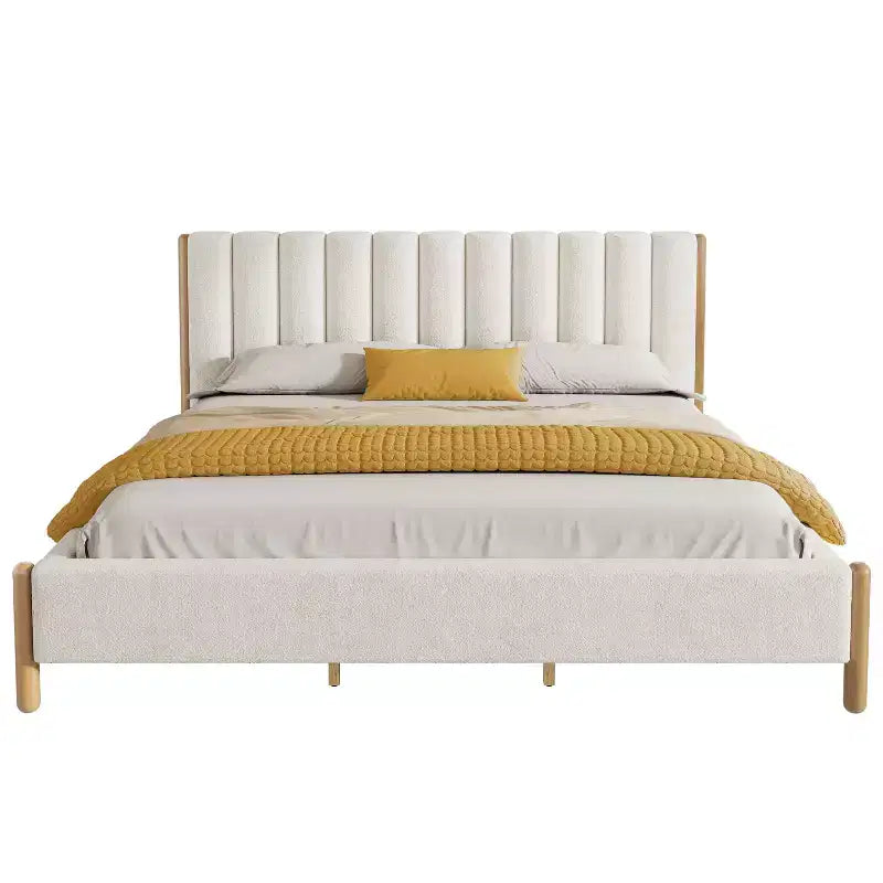 Upholstered Platform Bed Frame with Padded Headboard and Solid Wood Legs