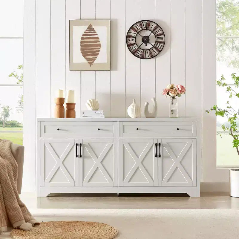 61-Inch TV Stand with Storage Cabinet and Tempered Glass Doors, White