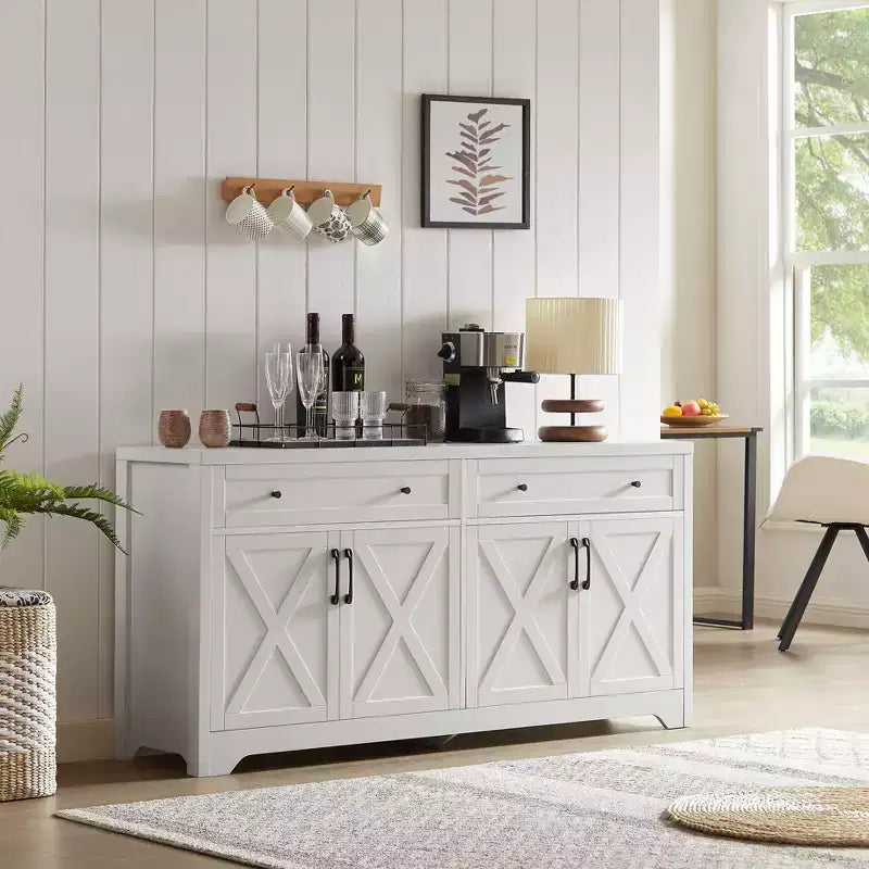 61-Inch TV Stand with Storage Cabinet and Tempered Glass Doors, White