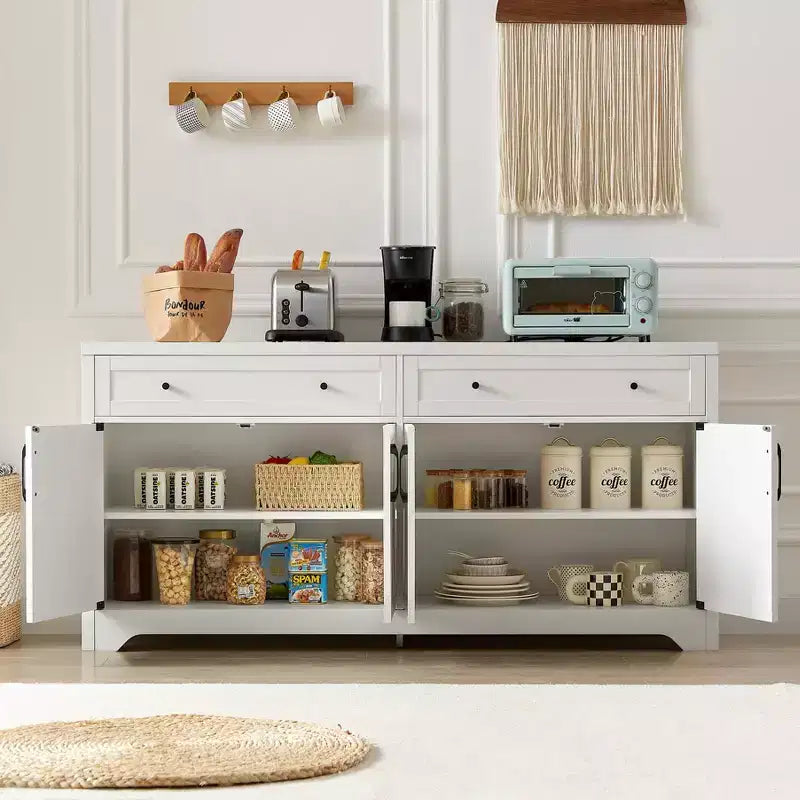 61-Inch TV Stand with Storage Cabinet and Tempered Glass Doors, White