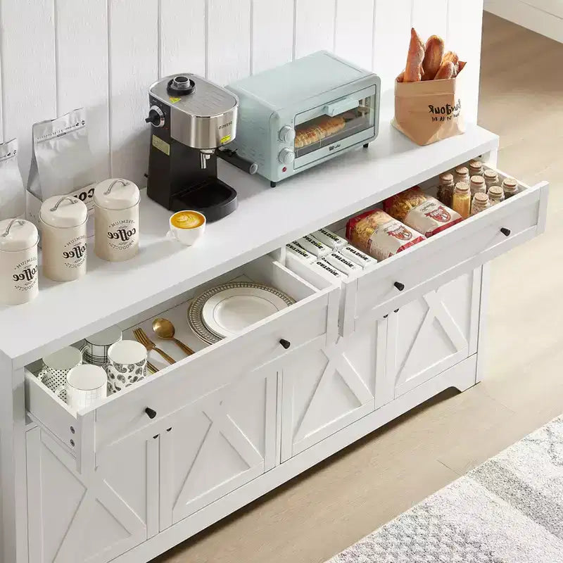 61-Inch TV Stand with Storage Cabinet and Tempered Glass Doors, White