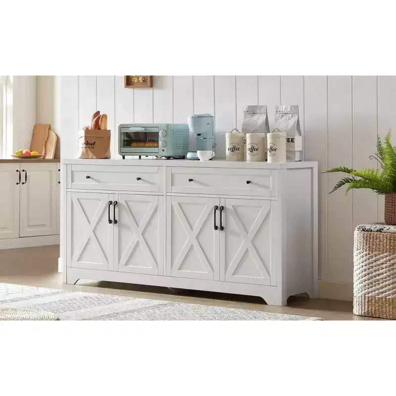 61-Inch TV Stand with Storage Cabinet and Tempered Glass Doors, White