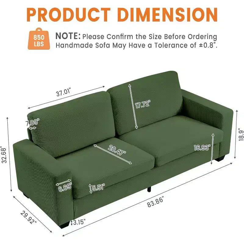 84-Inch Corduroy Upholstered Sofa with Pillow Back