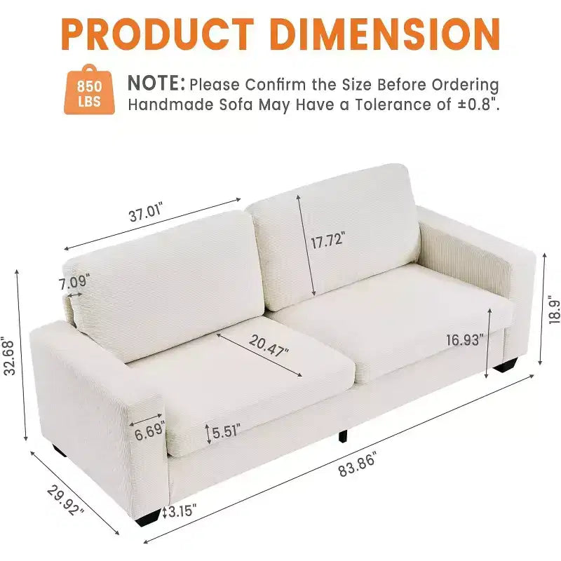 84-Inch Corduroy Upholstered Sofa with Pillow Back