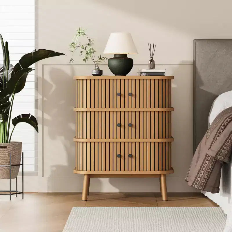 3-Drawer Dresser, Mid Century Chest of Drawers for Bedroom, Wicker Nightstand with Spacious Storage, Matte Black Handles, and Wooden Legs