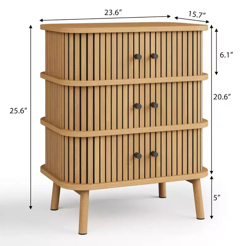 3-Drawer Dresser with Sliding Doors, MDF Construction, Matte Black Handles and Wooden Legs
