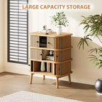 3-Drawer Dresser with Sliding Doors, MDF Construction, Matte Black Handles and Wooden Legs