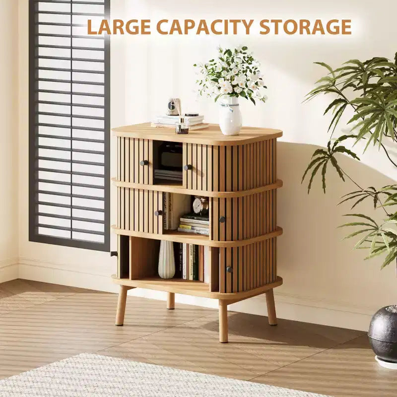 3-Drawer Dresser with Sliding Doors, MDF Construction, Matte Black Handles and Wooden Legs