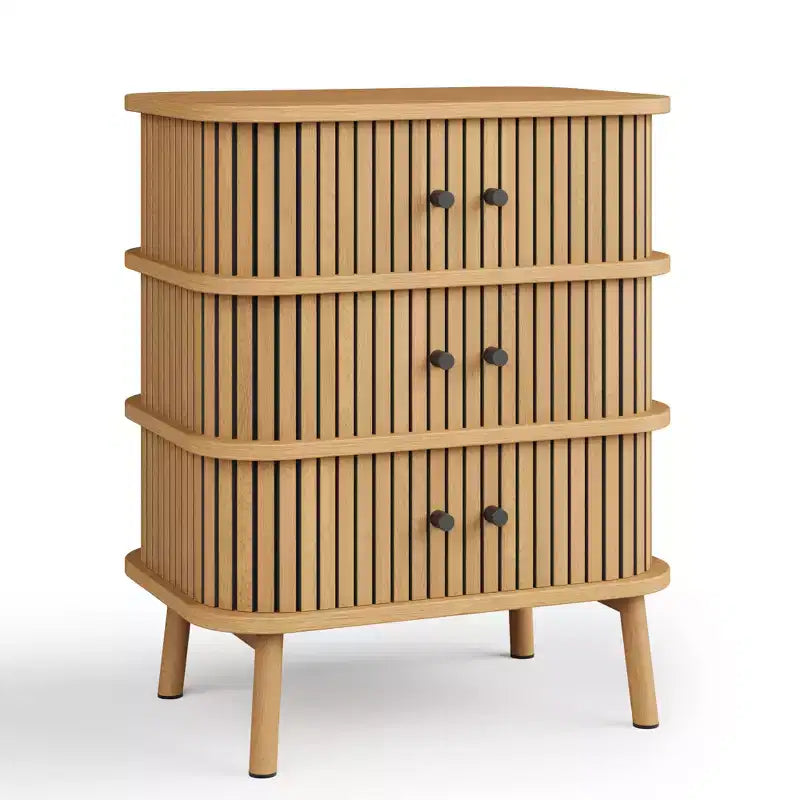 3-Drawer Dresser with Sliding Doors, MDF Construction, Matte Black Handles and Wooden Legs