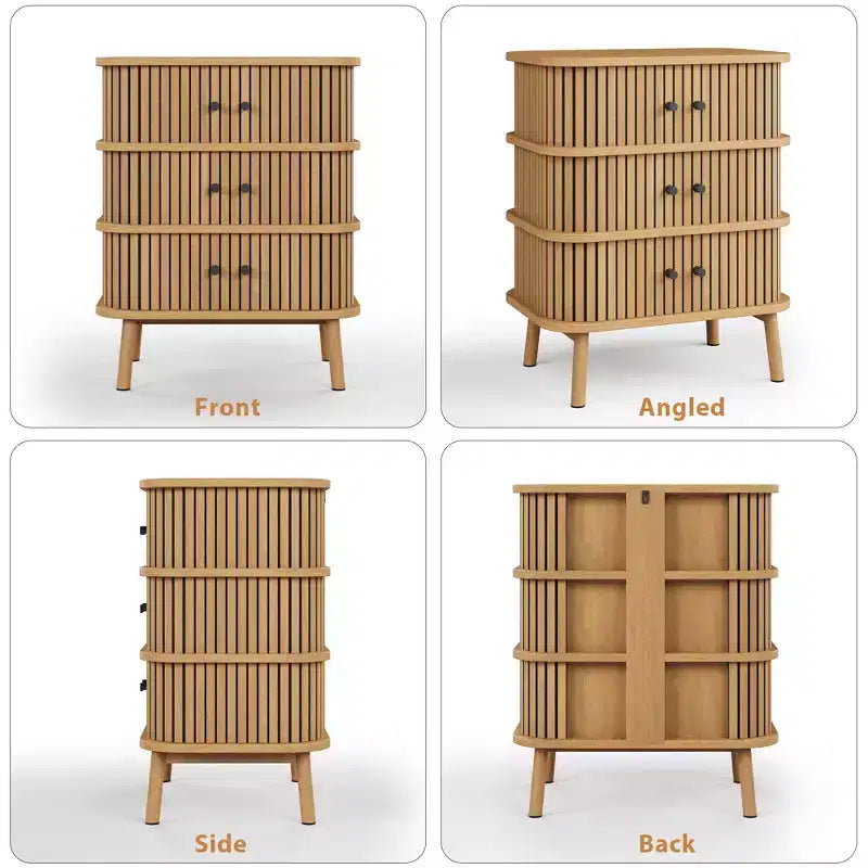 3-Drawer Dresser with Sliding Doors, MDF Construction, Matte Black Handles and Wooden Legs