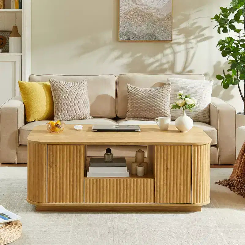 Oval Coffee Table with Drawers and Storage, 46.5 Inch, Curved Design